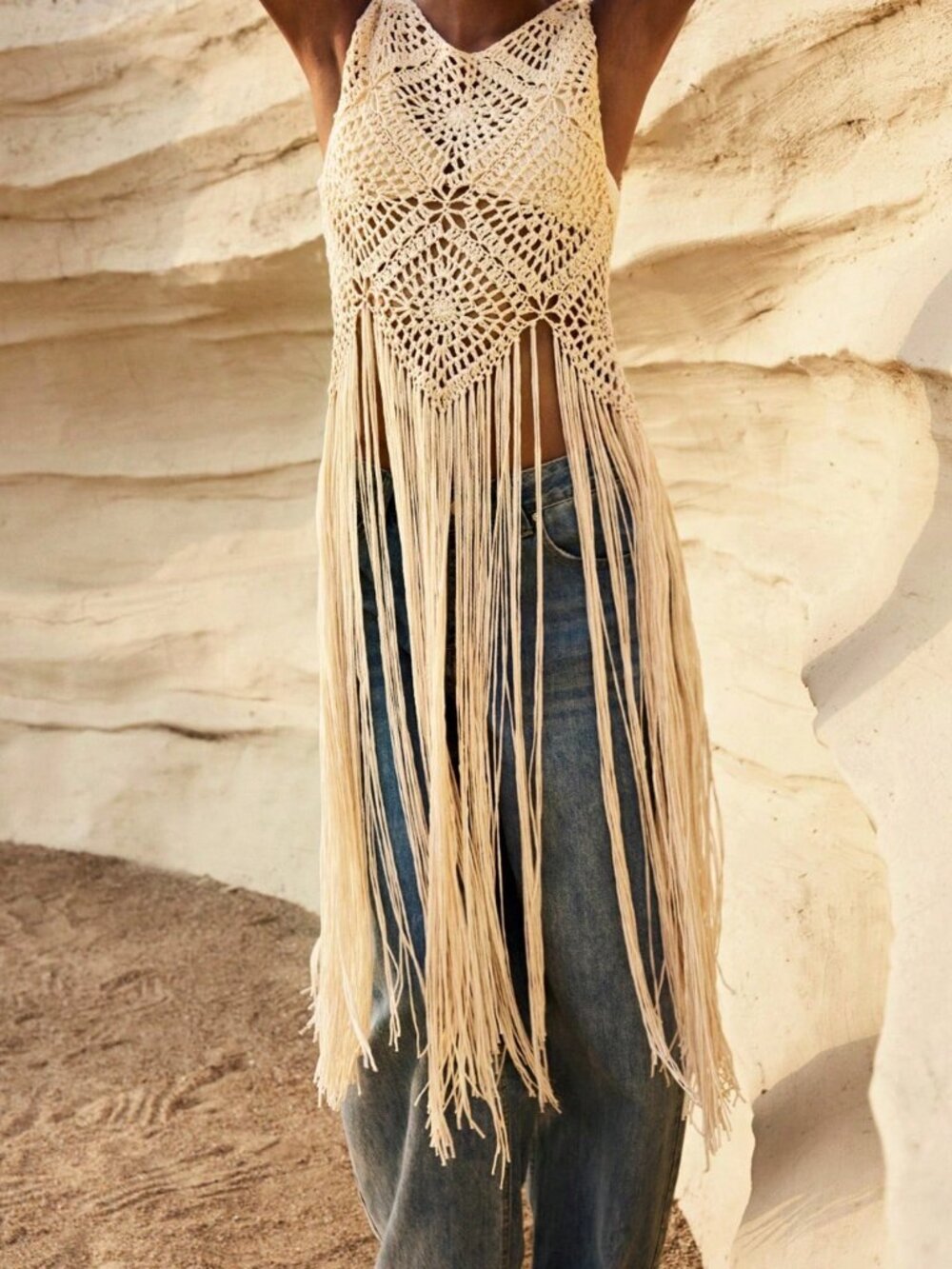 Apricot Casual Women's Hollow-Out Fringed Sleeveless Knit Top - Picture 7 of 7